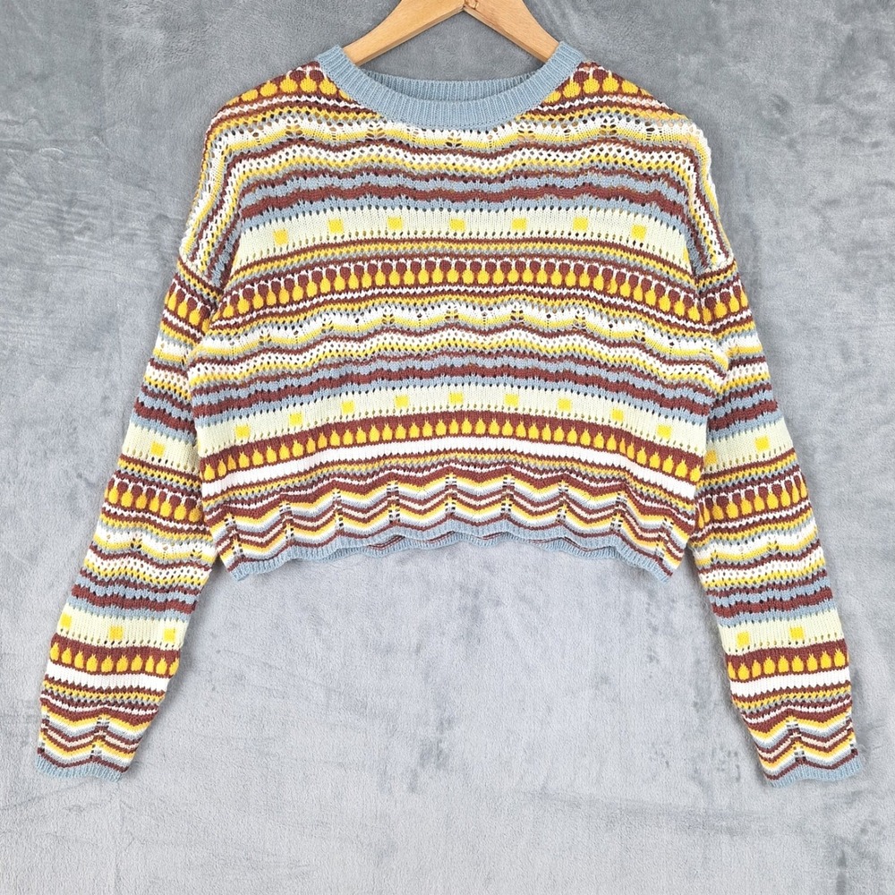 Boho Knit Crop Sweater Womens Medium Crochet Striped Indie Retro Boxy Pullover